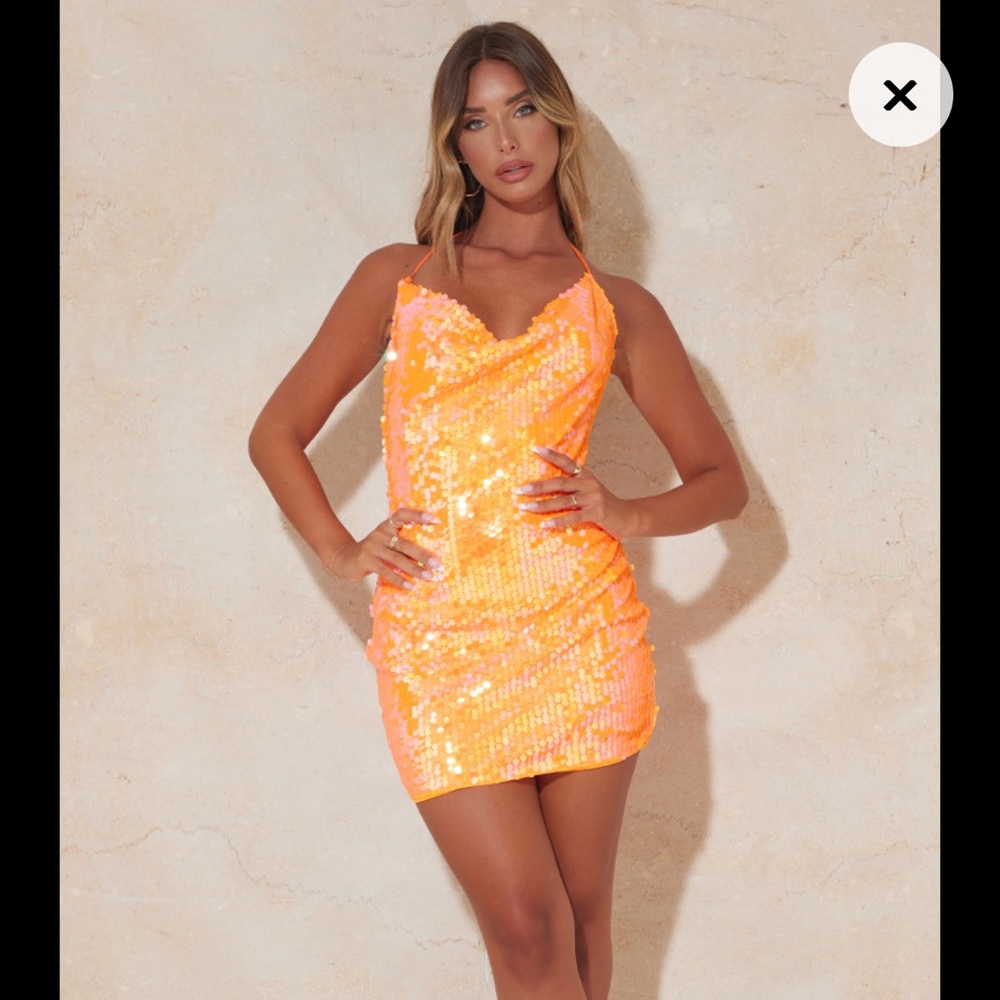 Pretty little thing orange sequin halter dress